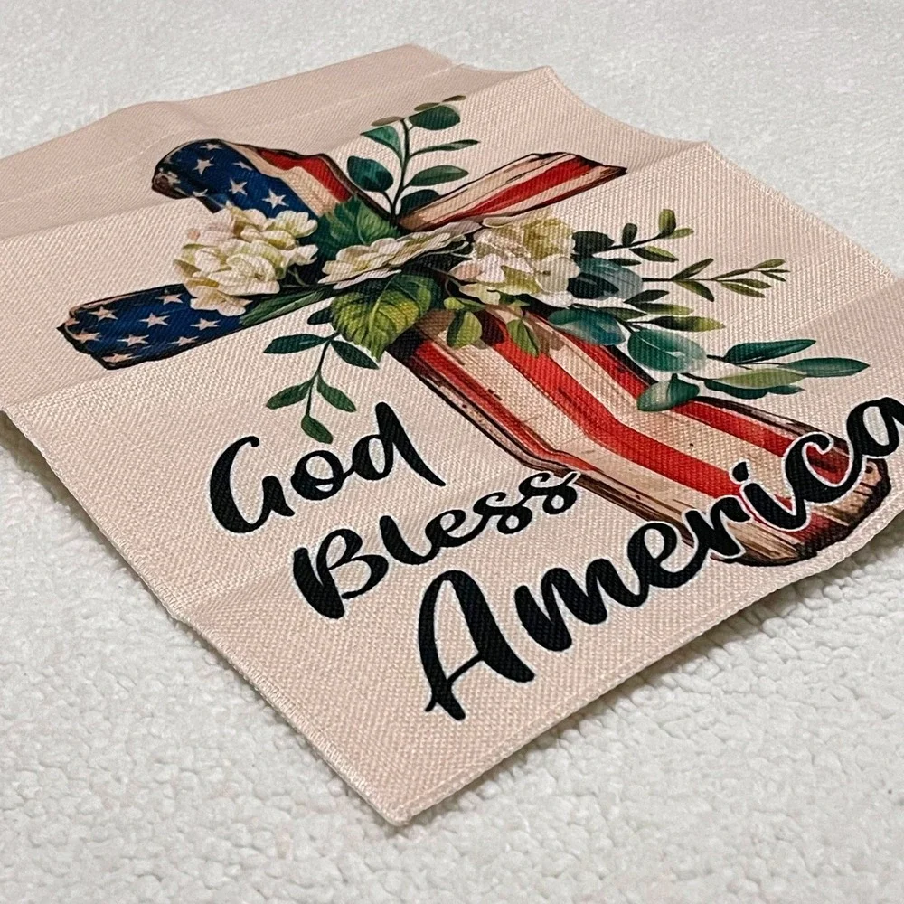 God Bless America Patriotic Garden Flag American Flag Cross Burlap 12x18